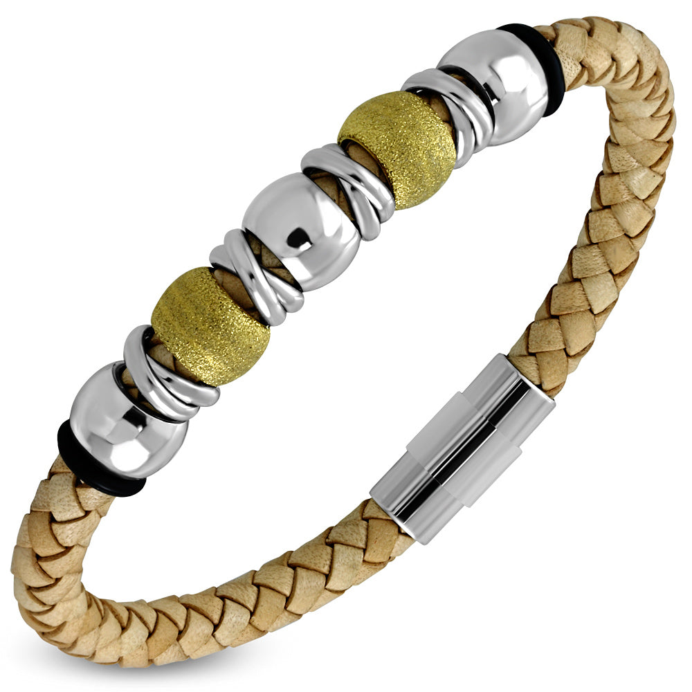 Brown Braided Leather Bracelet w/ Stainless Steel 2-tone Sandblasted Barrel Beads O-Rings Watch Style & Magnetic Lock