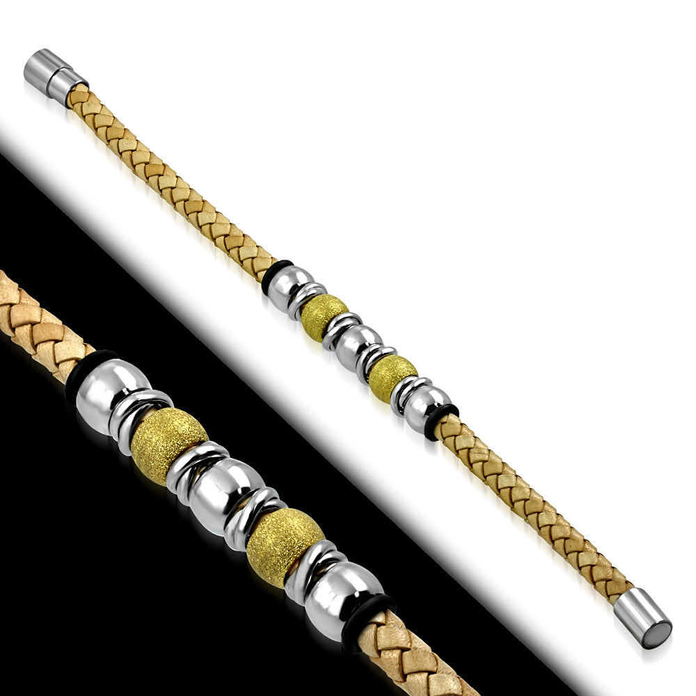 Brown Braided Leather Bracelet w/ Stainless Steel 2-tone Sandblasted Barrel Beads O-Rings Watch Style & Magnetic Lock