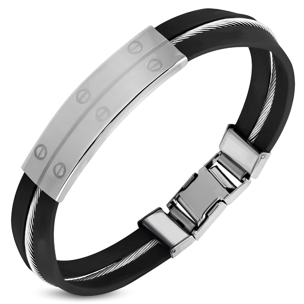Black Rubber & Stainless Steel Cable Wire Grooved Watch-Style Bracelet