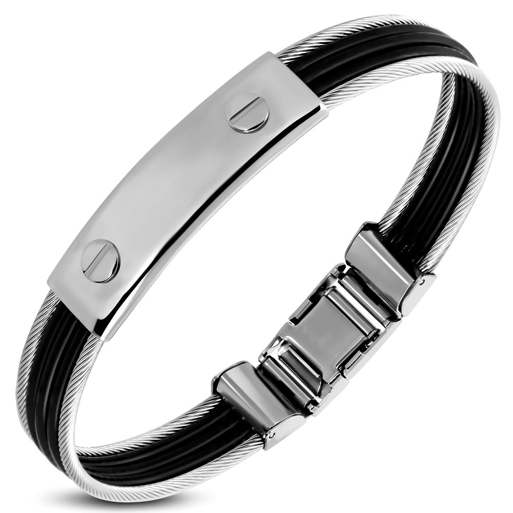 Black Rubber & Stainless Steel Cable Wire Engravable Watch-Style Bracelet
