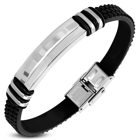 Black Rubber Bracelet w/ Stainless Steel 2-tone Geometric Wavy Watch-Style