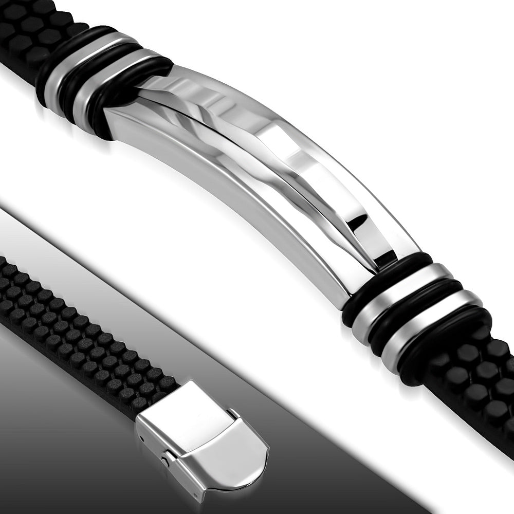 Black Rubber Bracelet w/ Stainless Steel 2-tone Geometric Wavy Watch-Style
