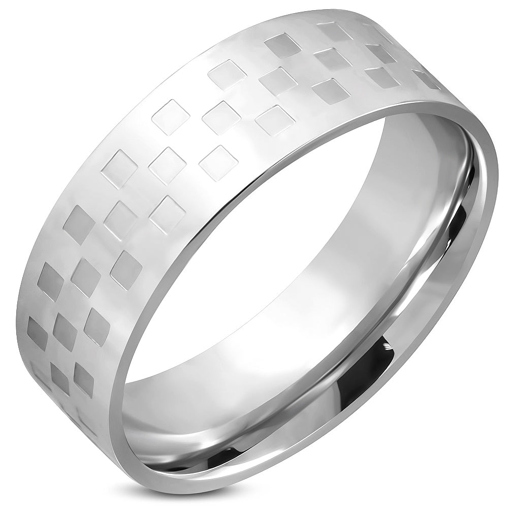 8mm | Stainless Steel Checker/ Grid Comfort Fit Wedding Flat Band Ring ­