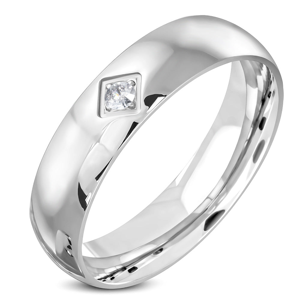 6mm | Stainless Steel Comfort Fit Half-Round Wedding Band Ring w/ Clear CZ 