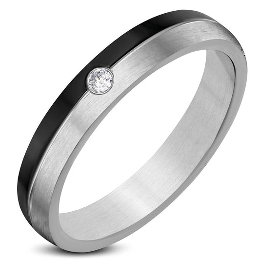 4mm | Stainless Steel 2-tone Center Grooved Half-Round  Wedding Band Ring w/ Clear CZ  