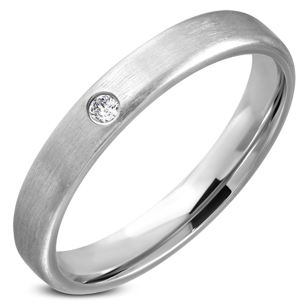 3.5mm | Stainless Steel Comfort  Fit Wedding Flat Band Ring w/ Clear CZ 