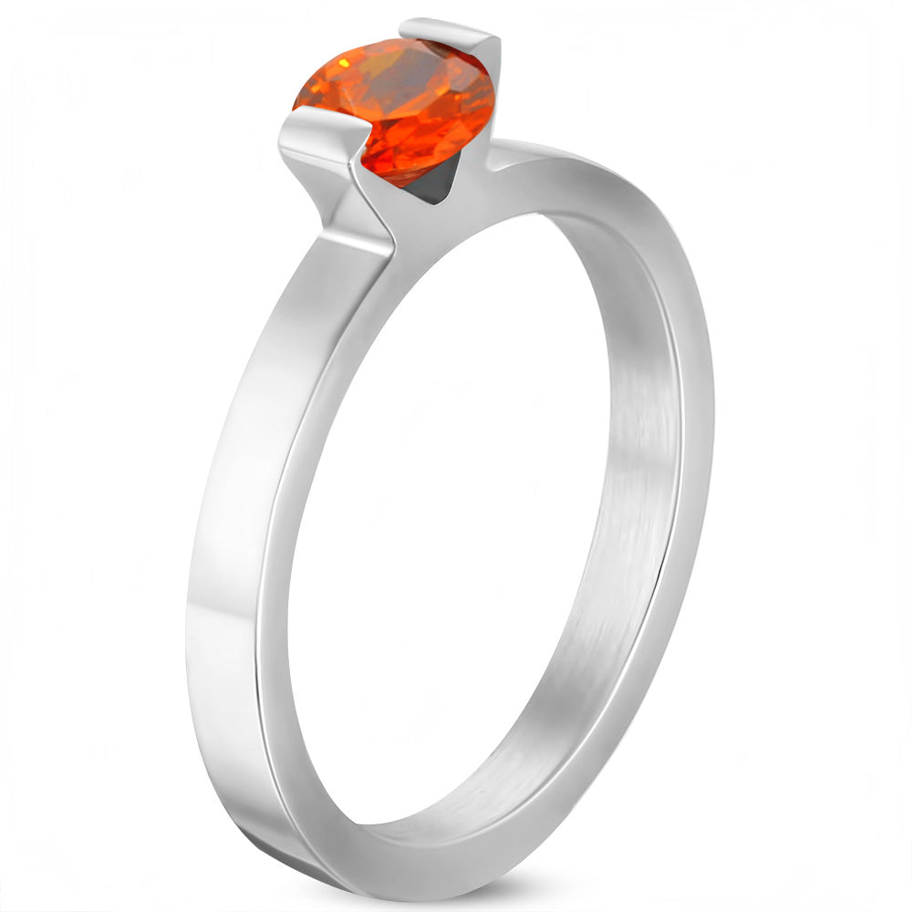 6mm | Stainless Steel Compression Set Round Solitaire Engagement Band Ring w/ Opal Orange CZ 
