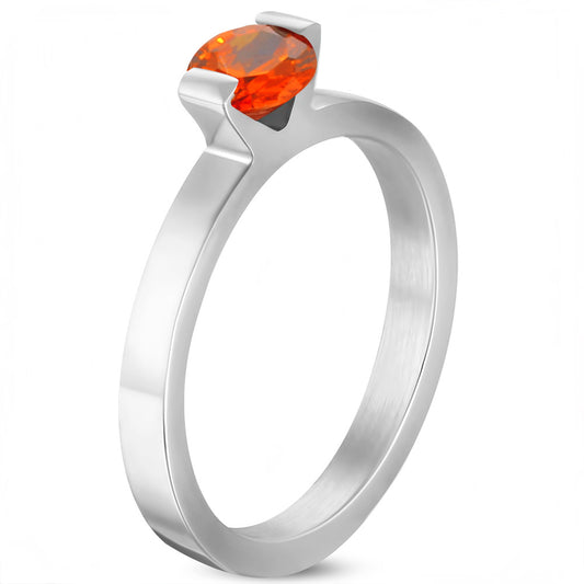 6mm | Stainless Steel Compression­ Set Round Solitaire Engagement Band Ring w/ Opal Orange CZ ­