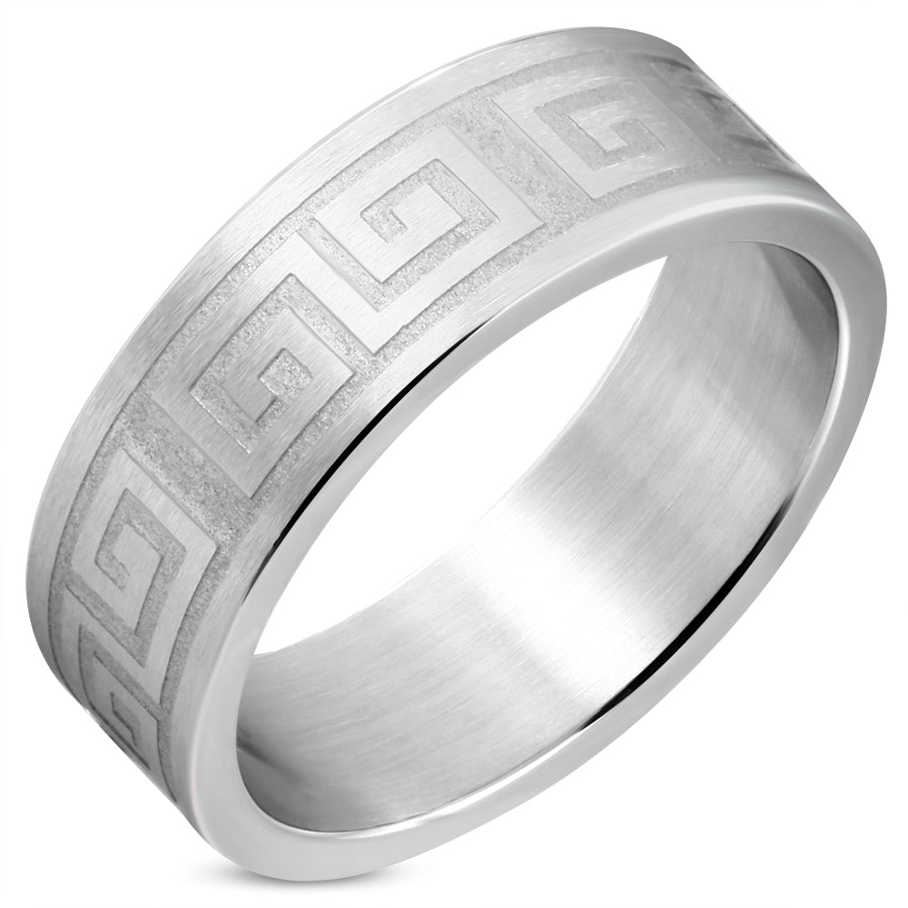 8mm | Stainless Steel Matte Finished Greek Key Flat Band Ring