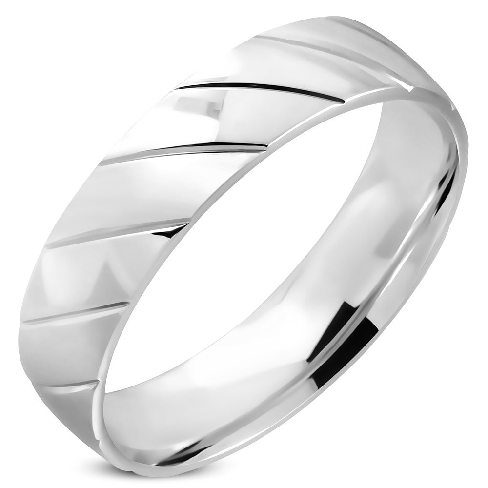 6mm | Stainless Steel Diamond-Cut Striped Comfort Fit Half-Round Wedding Band Ring