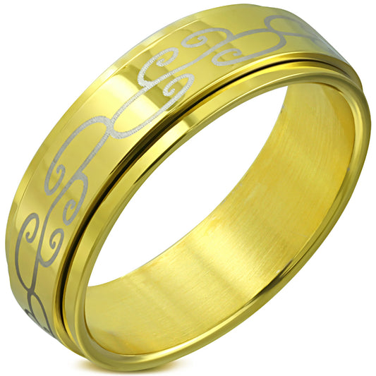 8mm | Gold Color Plated Stainless Steel 2-tone Spiral Vine Spinning Flat Band Ring