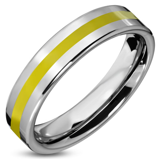 6mm | Tungsten Carbide Yellow Enameled Stripe Comfort Fit Flat Band Ring