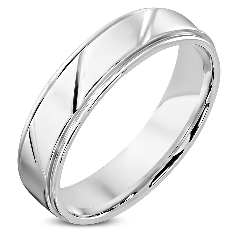6mm | Stainless Steel Diamond- Cut Striped Step Edge Comfort  Fit Half­-Round Wedding Band Ring