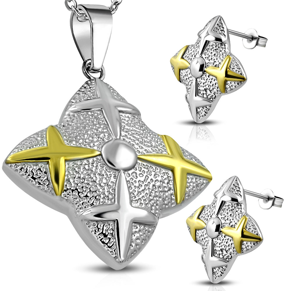 Stainless Steel 2-tone Criss Cross Star Flower Shield Pendant & Pair of Stud Earrings (SET)