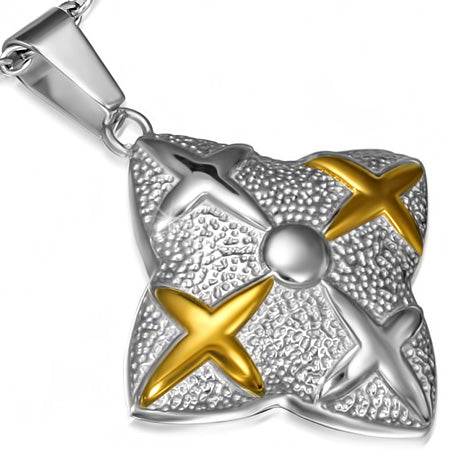 Stainless Steel 2-tone Criss Cross Star Flower Shield Pendant & Pair of Stud Earrings (SET)