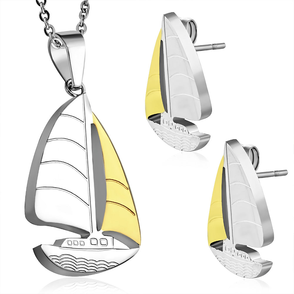 Stainless Steel 2-tone Sailing Boat Sport Pendant & Pair of Stud Earrings (SET)