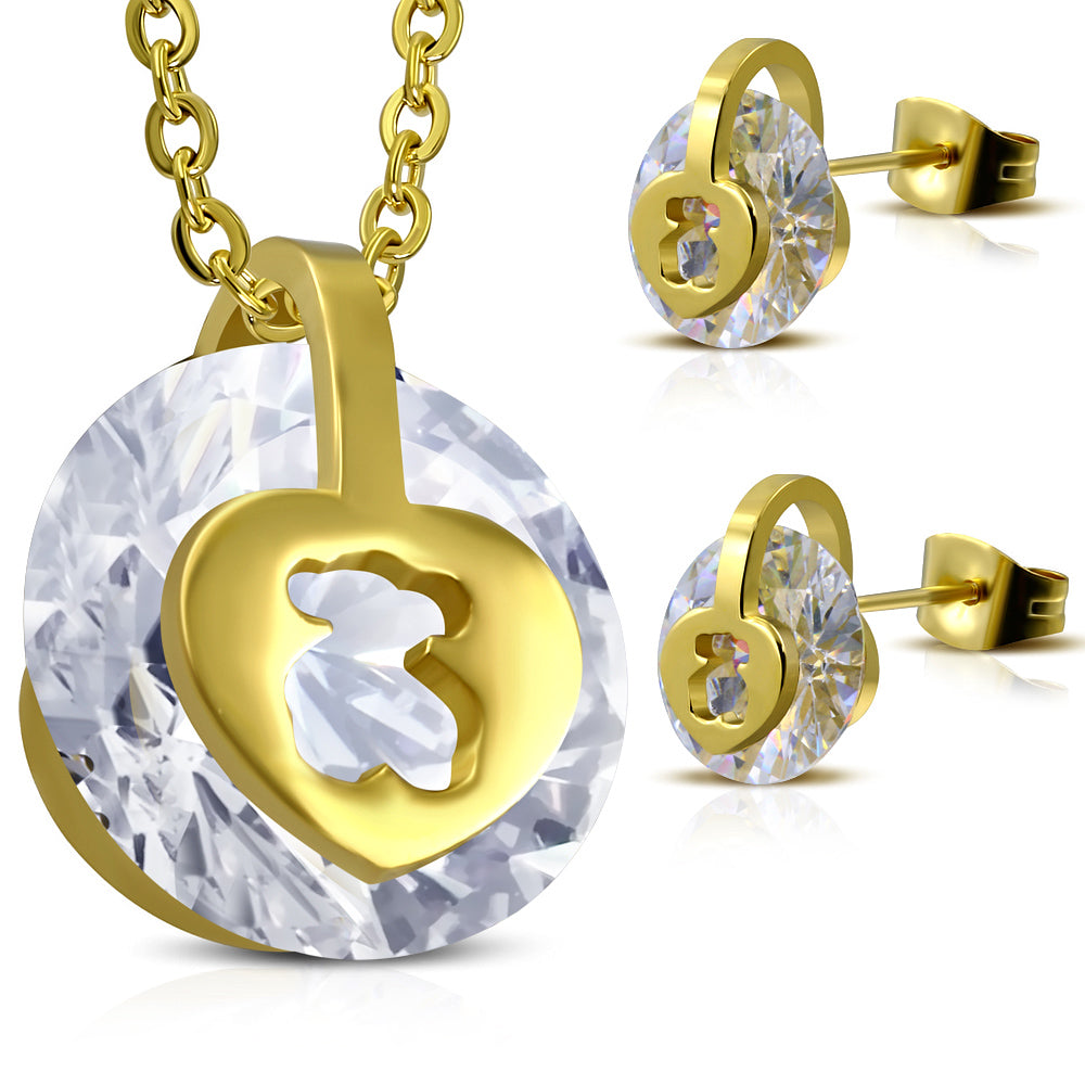 Gold Color Plated Stainless Steel Cut-out Tous Bear Round Circle Pendant & Pair of Stud Earrings w/ Clear CZ (SET)