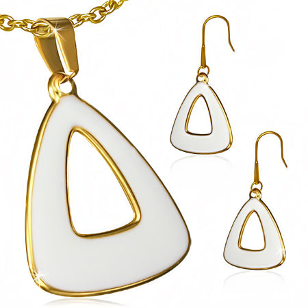 Gold Color Plated Stainless Steel White Enameled Triangle Pendant & Pair of Long Drop Hook Earrings (SET)