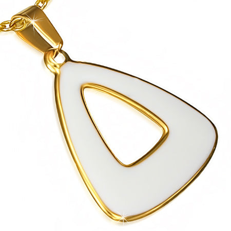 Gold Color Plated Stainless Steel White Enameled Triangle Pendant & Pair of Long Drop Hook Earrings (SET)