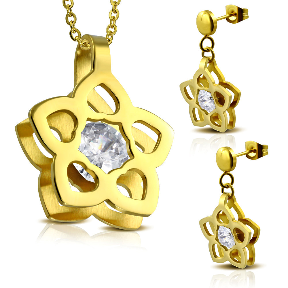 Gold Color Plated Stainless Steel Cut-out Flower Charm Pendant & Pair of Drop Stud Earrings w/ Clear CZ (SET)