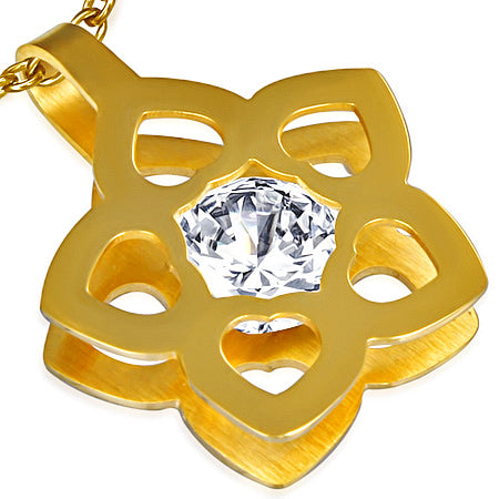 Gold Color Plated Stainless Steel Cut-out Flower Charm Pendant & Pair of Drop Stud Earrings w/ Clear CZ (SET)