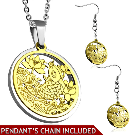 Stainless Steel 2-tone Cut-out Spiral Fish Lotus Flower Circle Charm Chain Necklace & Pair of Drop Hook Earrings (SET)