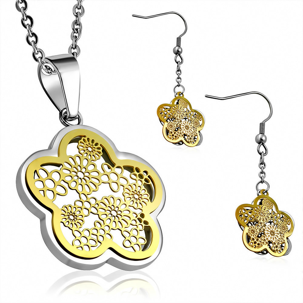 Stainless Steel 2-tone Filigree Flower Charm Chain Necklace & Pair of Long Drop Hook Earrings (SET)