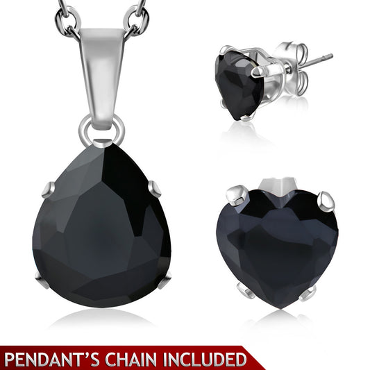 Stainless Steel Prong-Set Pear/ Teardrop Charm Chain Necklace & Pair of Love Heart Stud Earrings w/ Jet Black CZ (SET)