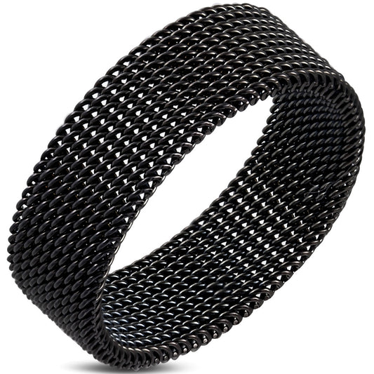 8mm | Black Stainless Steel Mesh Flat Band Ring