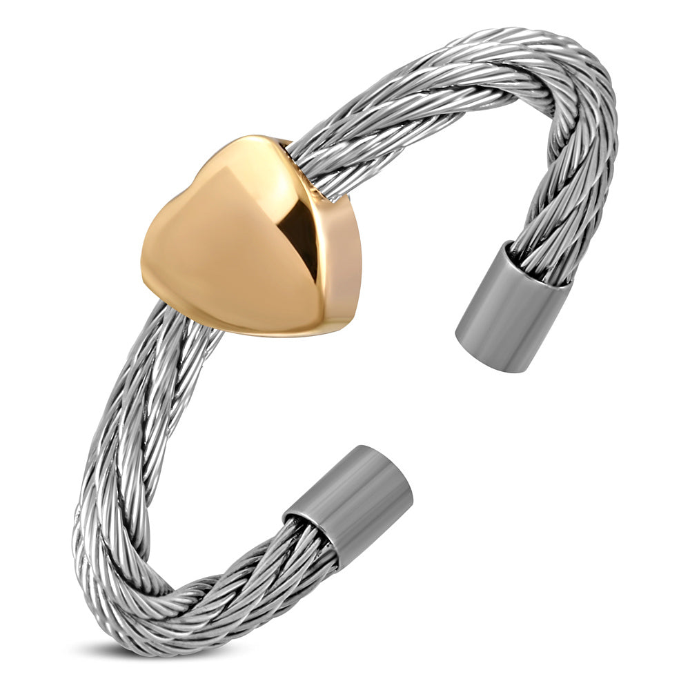 Stainless Steel 2-tone Love Heart Celtic Twisted Cable Wire Free Size Ring 