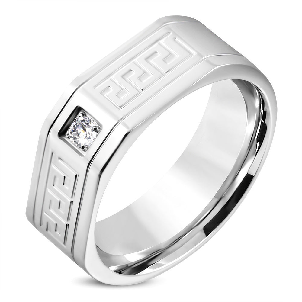 9mm | Stainless Steel Greek Key Comfort Fit Band Ring w/ Clear CZ