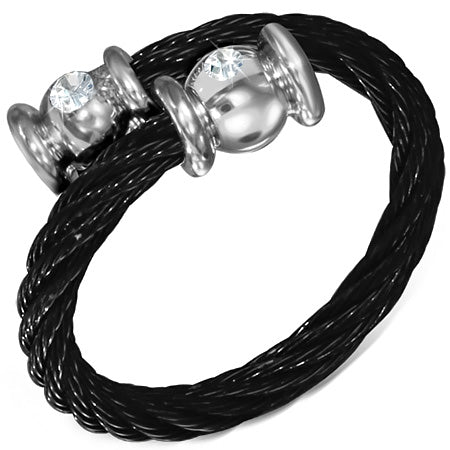 Black Stainless Steel 2-­tone Celtic Twisted Cable Wire Torc  Cuff Ring w/ Alloy End Cap & Clear CZ ­