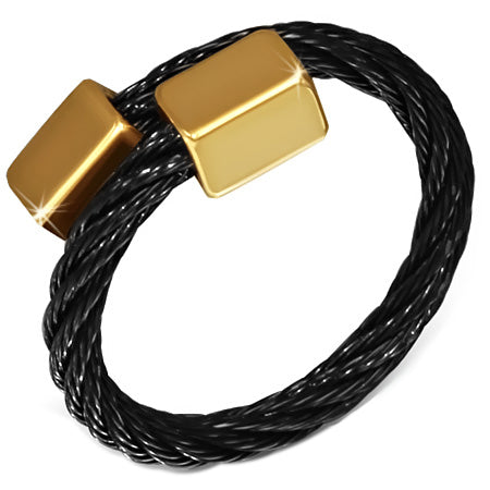 Black Stainless Steel 2-tone Celtic Twisted Cable Wire Torc  Cuff Ring w/ Alloy End Cap 