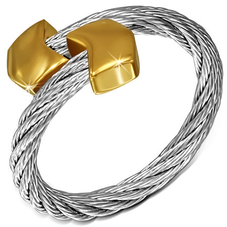 Stainless Steel 2-tone Celtic  Twisted Cable Wire Torc Cuff  Ring w/ Alloy End Cap 