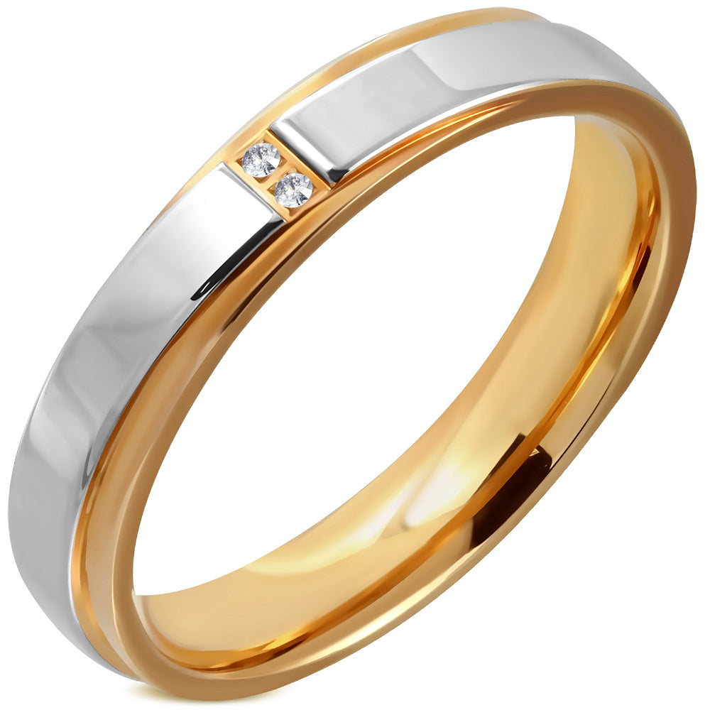4.5mm | Stainless Steel 2-tone Pave-Set Comfort Fit Wedding Flat Band Ring w/ Clear CZ
