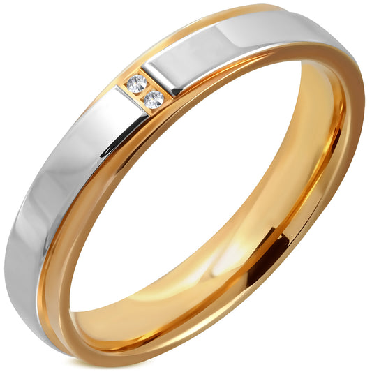 4.5mm | Stainless Steel 2-tone Pave-Set Comfort Fit Wedding Flat Band Ring w/ Clear CZ