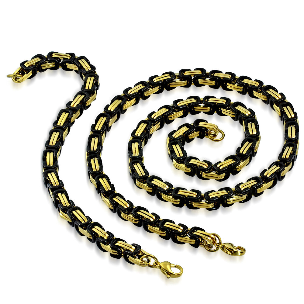 L55cm W6.5mm | Stainless Steel 2-tone Lobster Claw Clasp Byzantine Link Chain & Bracelet (SET)