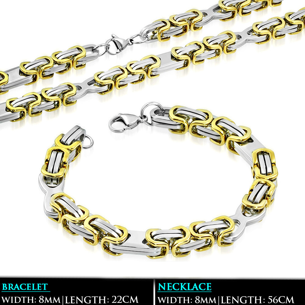 L56cm W8mm | Stainless Steel 2-tone Lobster Claw Clasp Byzantine Link Chain & Bracelet (SET)