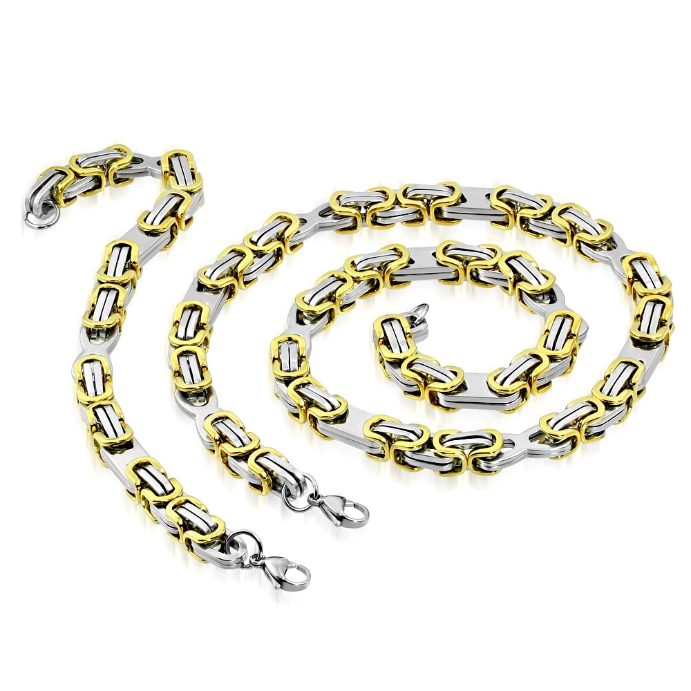 L56cm W8mm | Stainless Steel 2-tone Lobster Claw Clasp Byzantine Link Chain & Bracelet (SET)