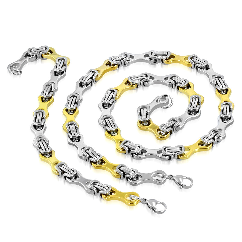 L55cm W9mm | Stainless Steel 2-tone Lobster Claw Clasp Geometric Flat Oval Byzantine Link Chain & Bracelet (SET)