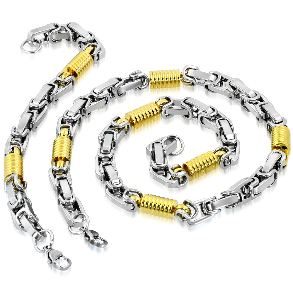 L56cm W9.5mm | Stainless Steel 2-tone Lobster Claw Clasp Ribbed Cylinder Byzantine Link Chain & Bracelet (SET)