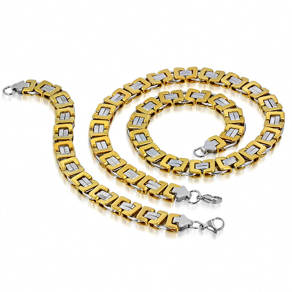L60cm W12mm | Stainless Steel 2-tone Lobster Claw Clasp Byzantine Link Chain & Bracelet (SET)