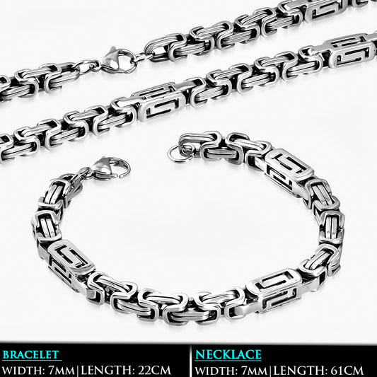 L61cm W7mm | Stainless Steel Lobster Claw Clasp Byzantine Link Chain & Bracelet (SET)
