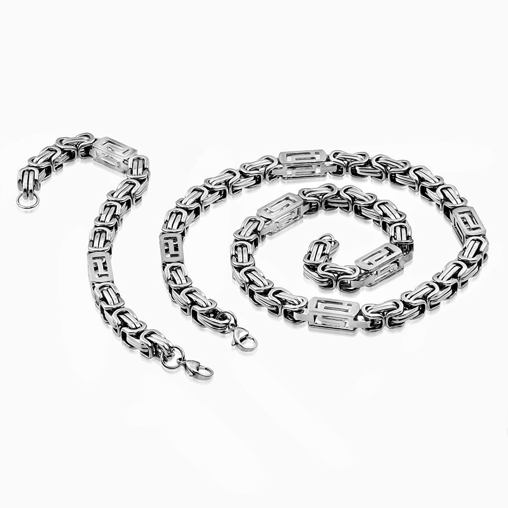 L61cm W7mm | Stainless Steel Lobster Claw Clasp Byzantine Link Chain & Bracelet (SET)