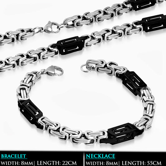 L55cm W8mm | Stainless Steel 2-tone Lobster Claw Clasp Byzantine Link Chain & Bracelet (SET)