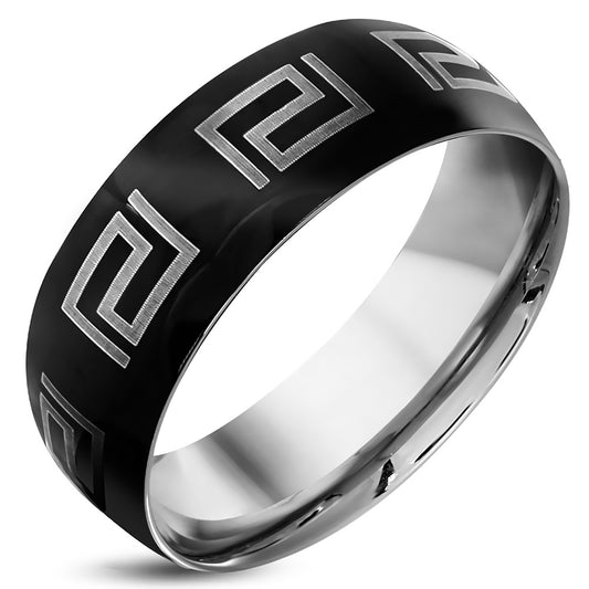 8mm | Stainless Steel 2-tone Greek Key Comfort Fit Half-Round Band Ring