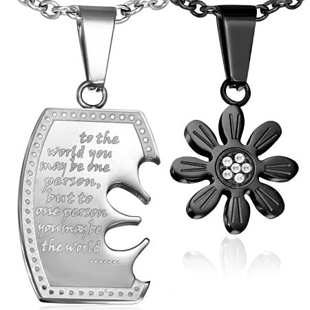 Stainless Steel 2-tone 2-Part Affirmation Love Sun Flower Tag Jigsaw Couple Pendant w/ Clear