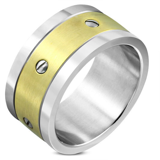 12mm | Stainless Steel 2­-tone Screw Grooved Striped Wide  Band Ring