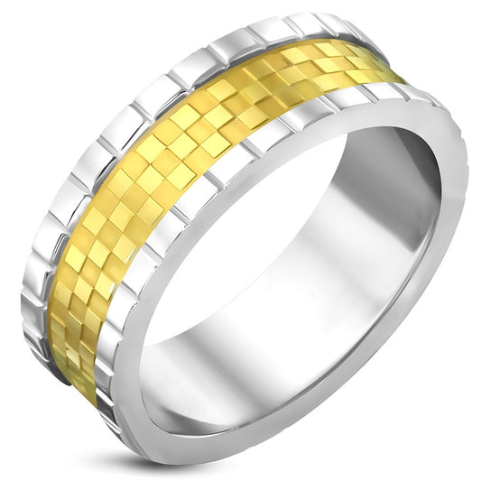 8.5mm | Stainless Steel 2-tone Checker / Grid Flat Band Ring