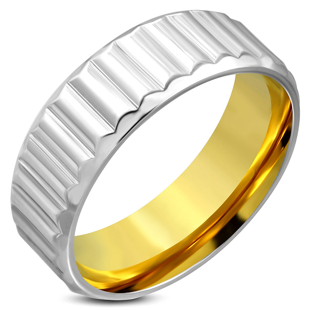 8mm | Stainless Steel 2­-tone Ribbed Striped Comfort Fit Band Ring ­